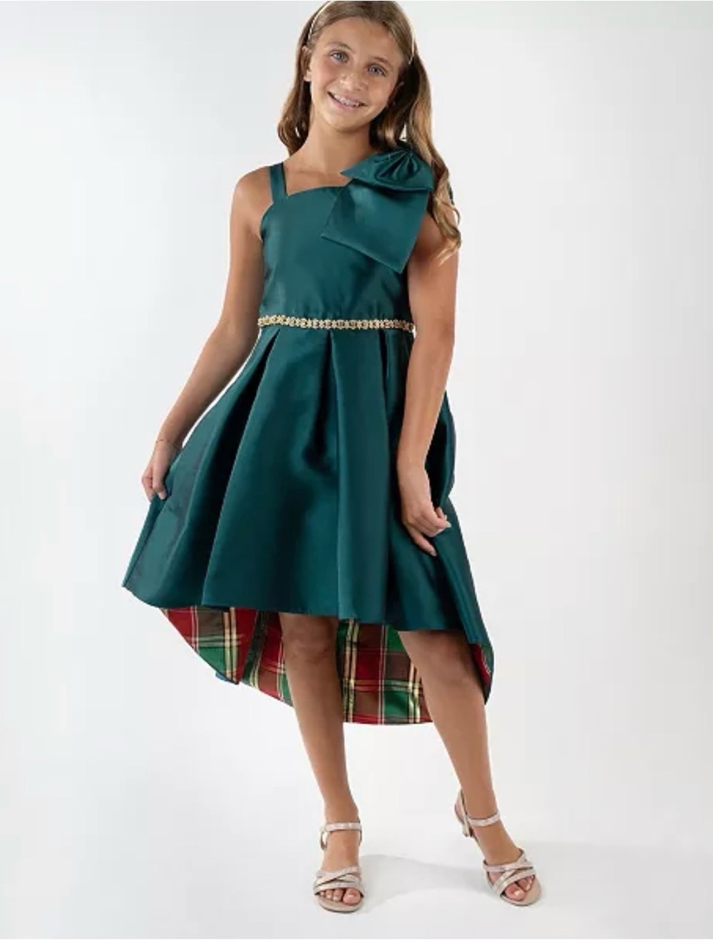Rare Editions Girls Green Satin Plaid Bow Holiday Dress Girls Plaid Formal Dress